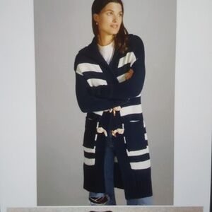 Anthropologie Navy and White Striped Hooded Cardigan